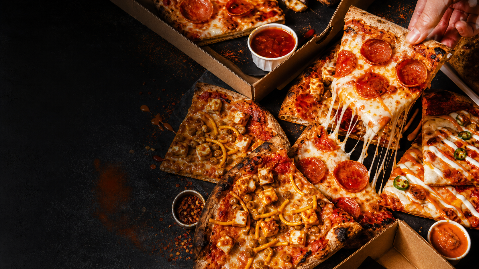 A spread of Six Slice pizzas, dips and a slice being lifted